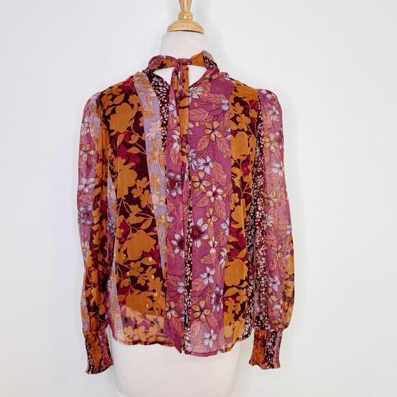 Avara Womens Patchwork Floral Long Balloon Sleeve Top Size S Orange Purple Fall - Picture 5 of 9